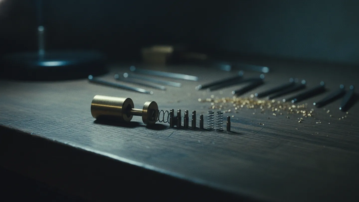 Disassembled pin tumbler lock laid out in parts on a workbench under cyan light