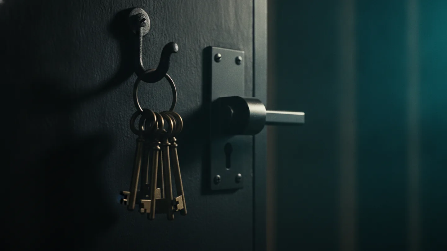 A ring of brass keys hanging from a hook beside a heavy steel door latch, lit cold cyan on dark slate