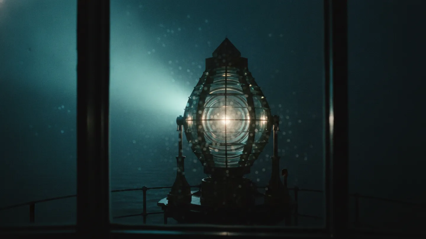 Lighthouse lamp room at night with a cyan beam cutting through sea fog