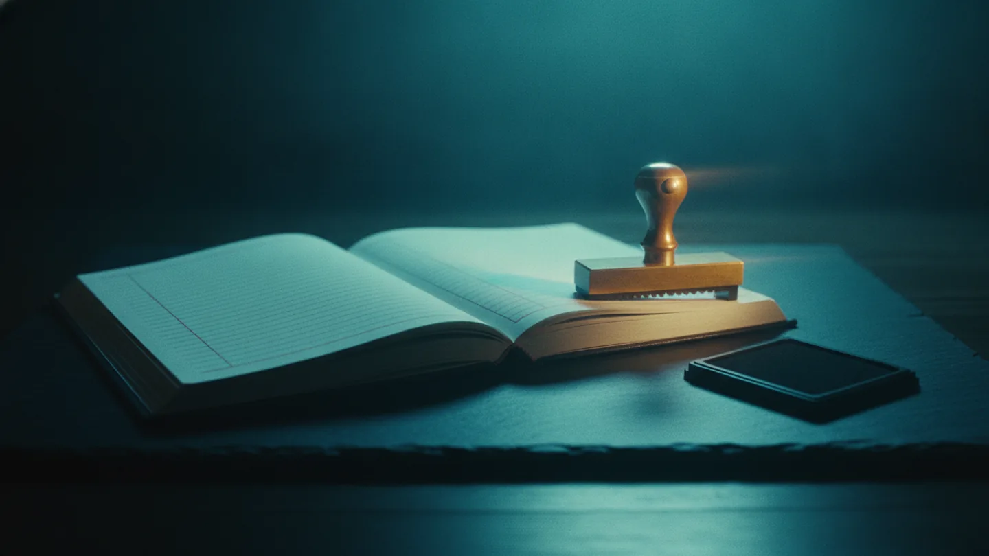 A ruled ledger book open beside a brass date stamp and inkpad on dark slate, lit cold cyan