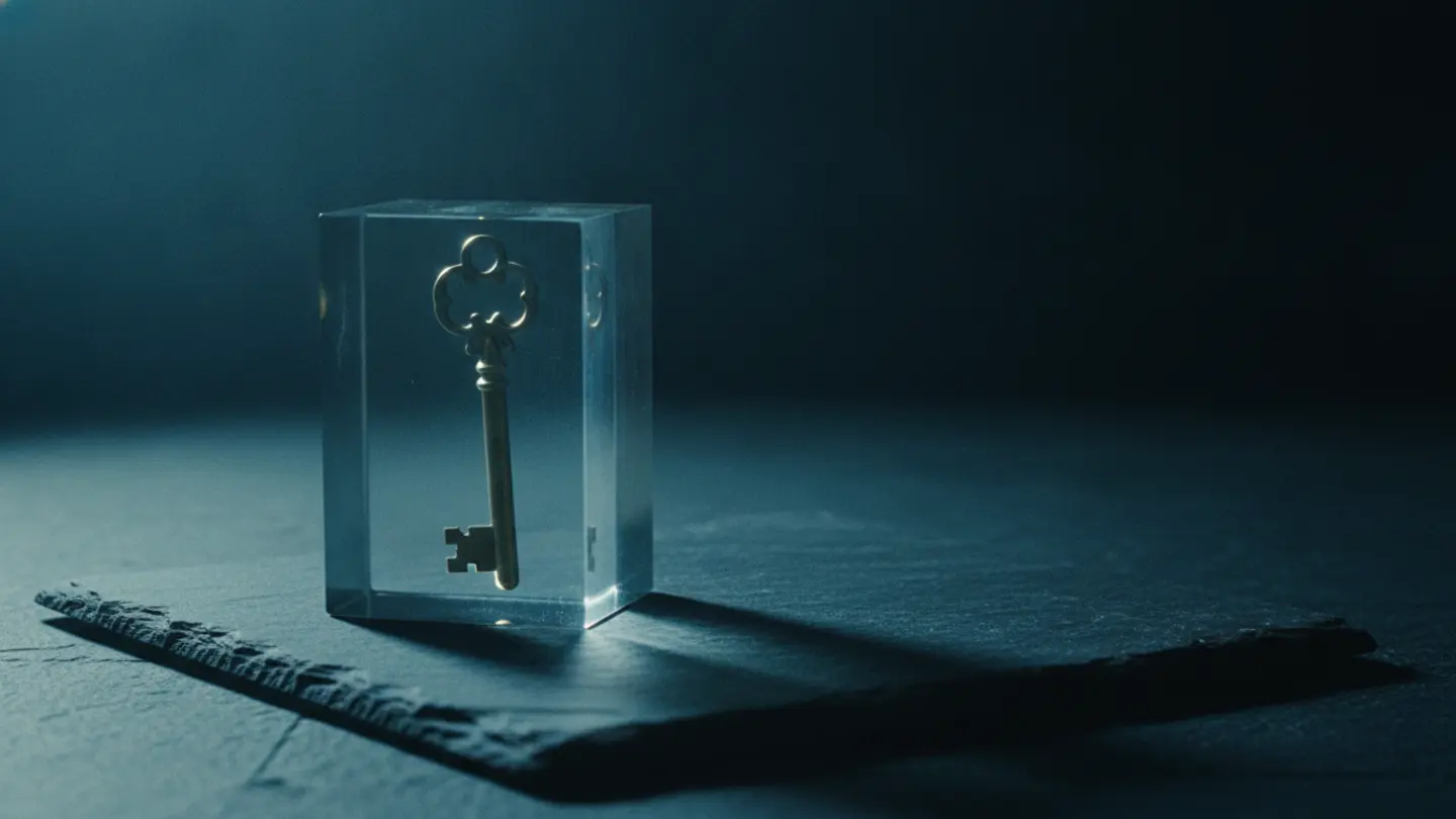 A brass key cast inside a clear resin block resting on dark slate, lit by a single cold cyan light