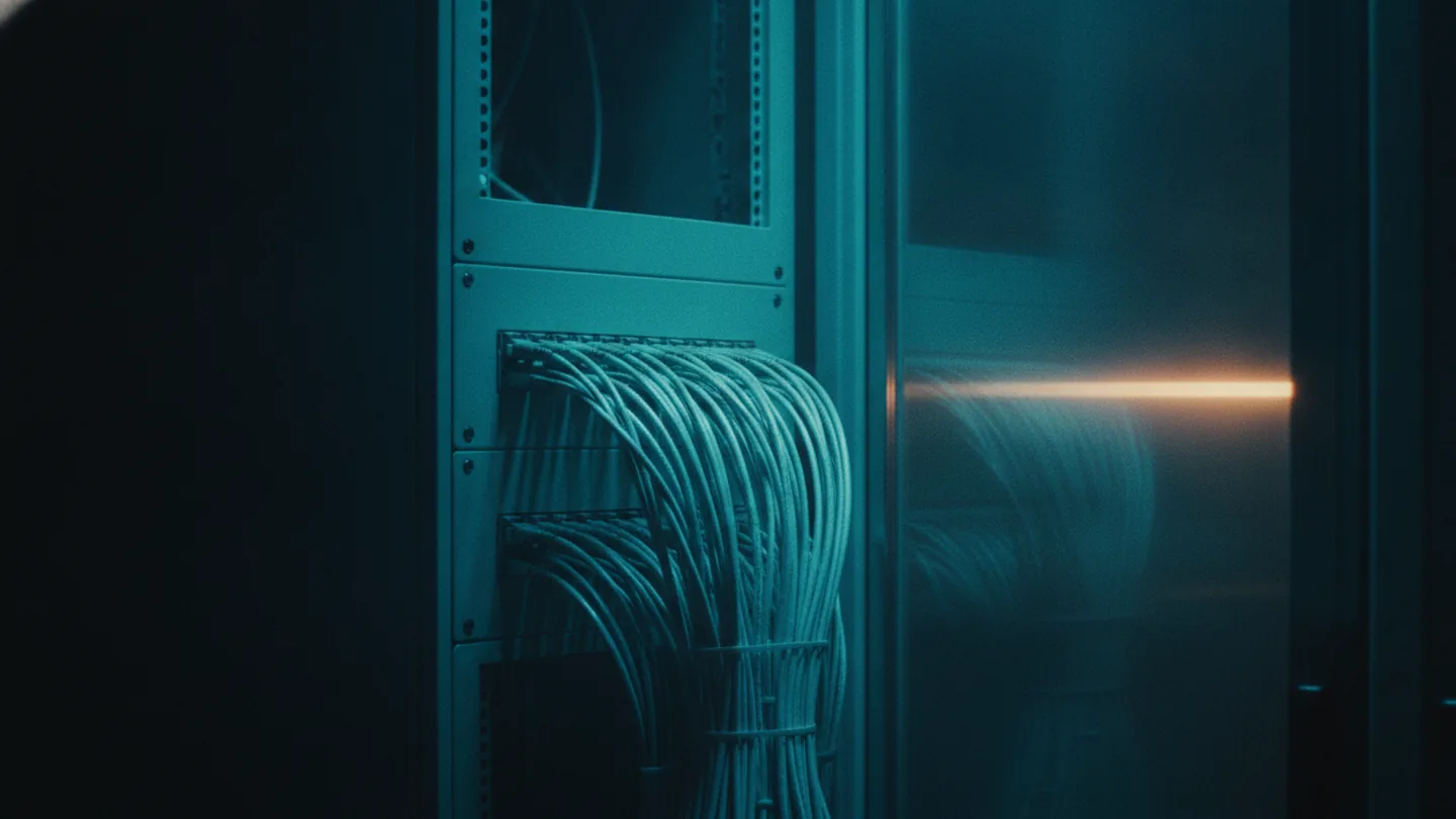 Dense bundles of fibre patch leads fanning into an unlabelled switch panel, lit cold cyan on dark slate
