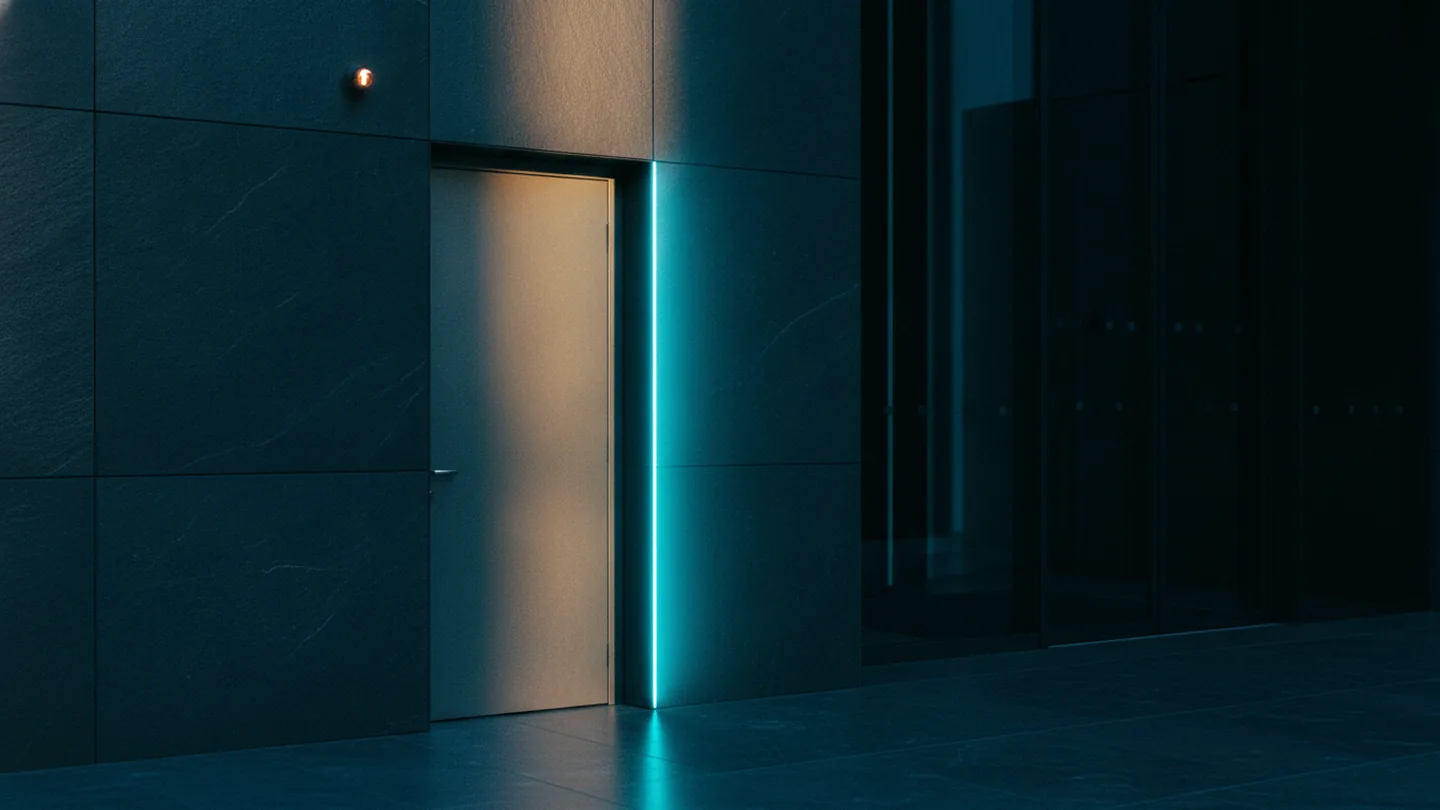 A narrow steel service door beside a building's main glass entrance, lit cold cyan on dark slate