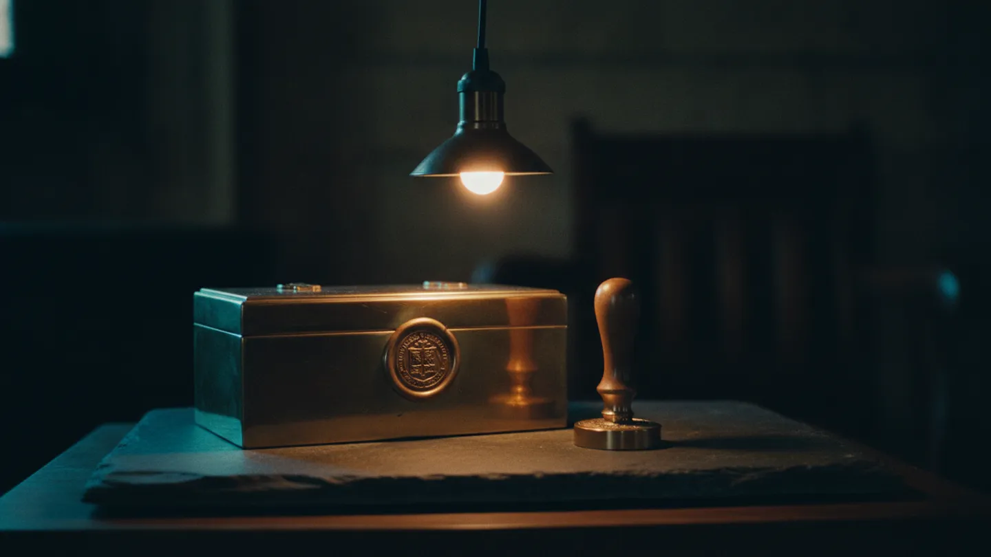 A wax seal press and a sealed brass strongbox lit cold blue on dark slate