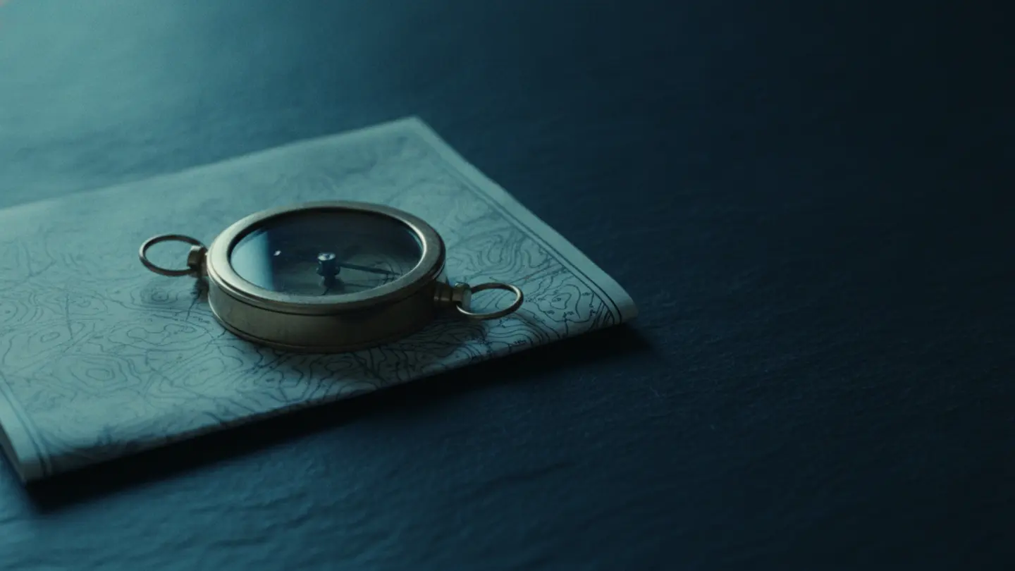 A brass surveyor's compass resting on a folded map, lit cold cyan on dark slate