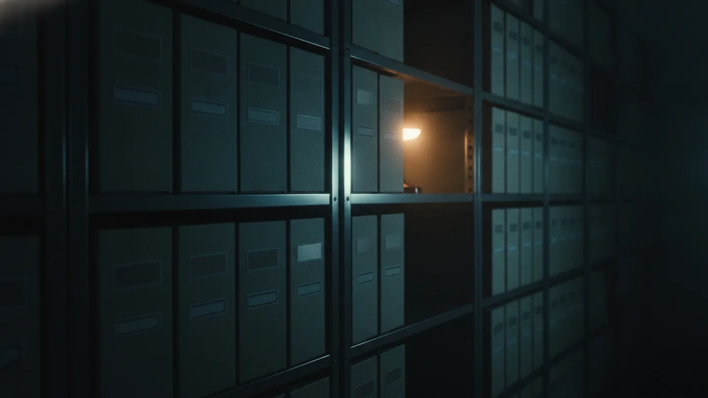 Rows of grey archive boxes on steel shelving receding into darkness under cold cyan light