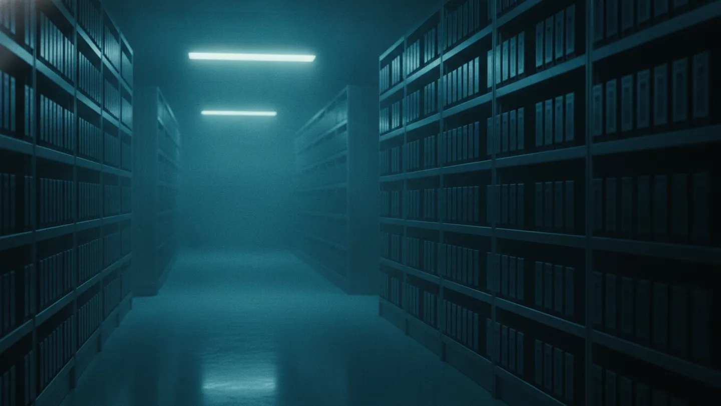 Rows of tape archive shelving receding into cold blue frosted darkness