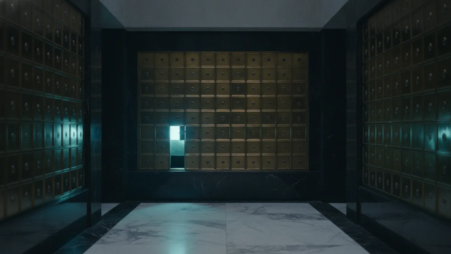 Rows of brass post office box doors receding down a dim hall, one open
