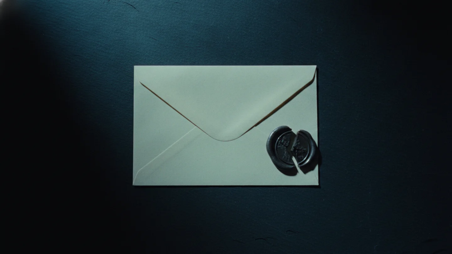 Opened cream business envelope with a split dark wax seal on dark slate, lit by cold cyan light