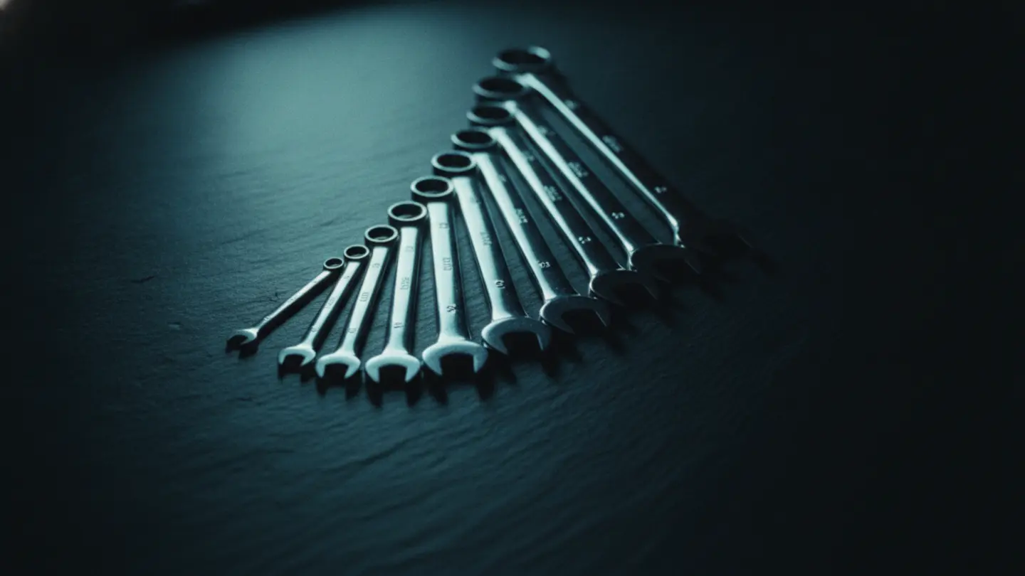 A graduated set of steel open-end spanners fanned out by size on dark slate, lit cold cyan