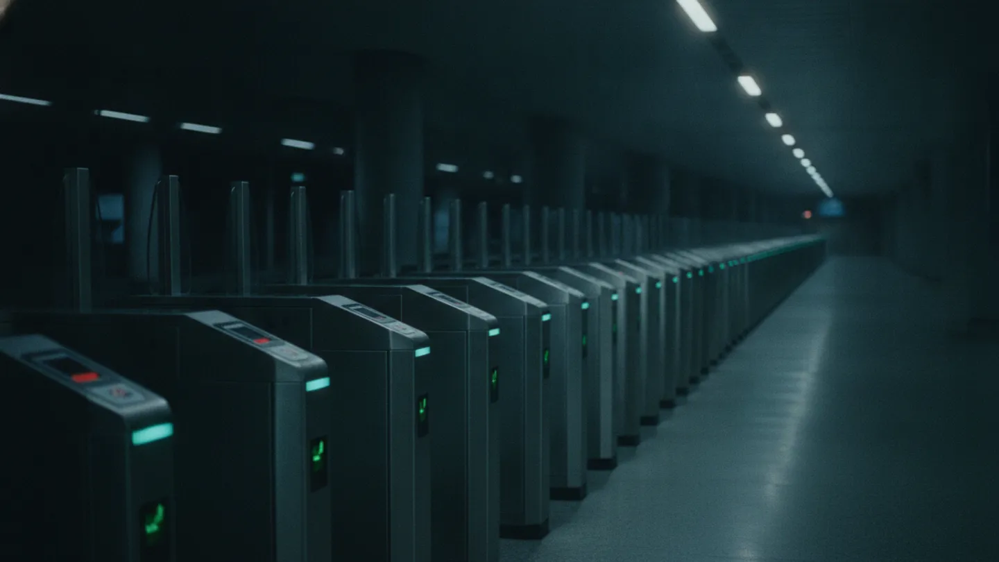 Bank of transit turnstiles in a dim empty station hall with cyan light