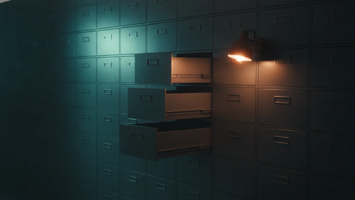A wall of steel filing cabinet drawers with three drawers pulled open, lit cold with a cyan accent on dark slate