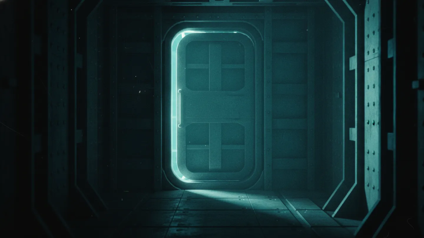 A reinforced steel bulkhead door part sealed with cold blue light beyond