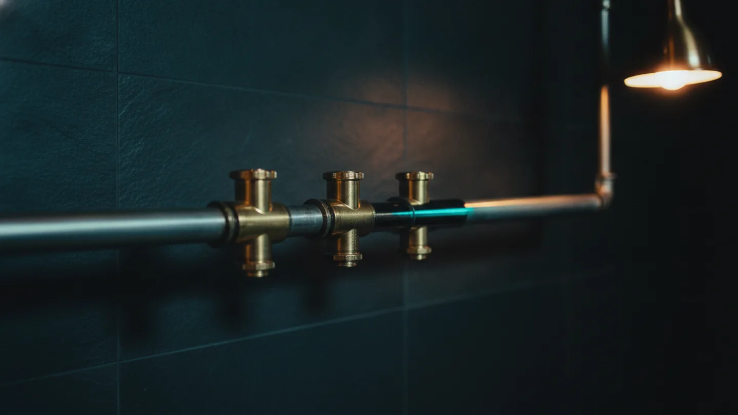A row of brass fire sprinkler heads on a steel pipe against dark slate, lit cold with a cyan edge