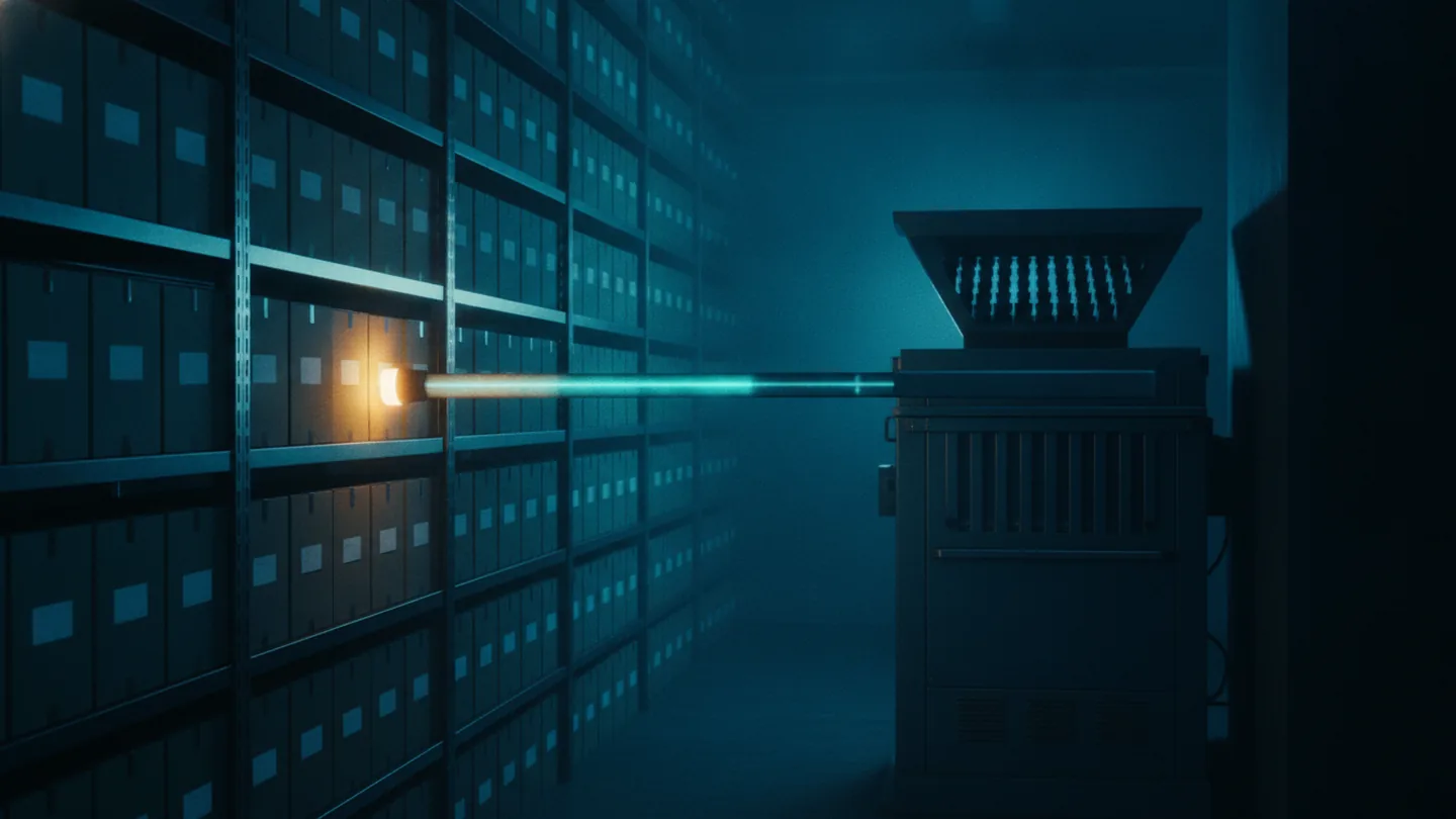 Rows of unlabelled archive boxes on steel shelving beside the open hopper of an industrial shredder, lit cold blue with cyan highlights on dark slate