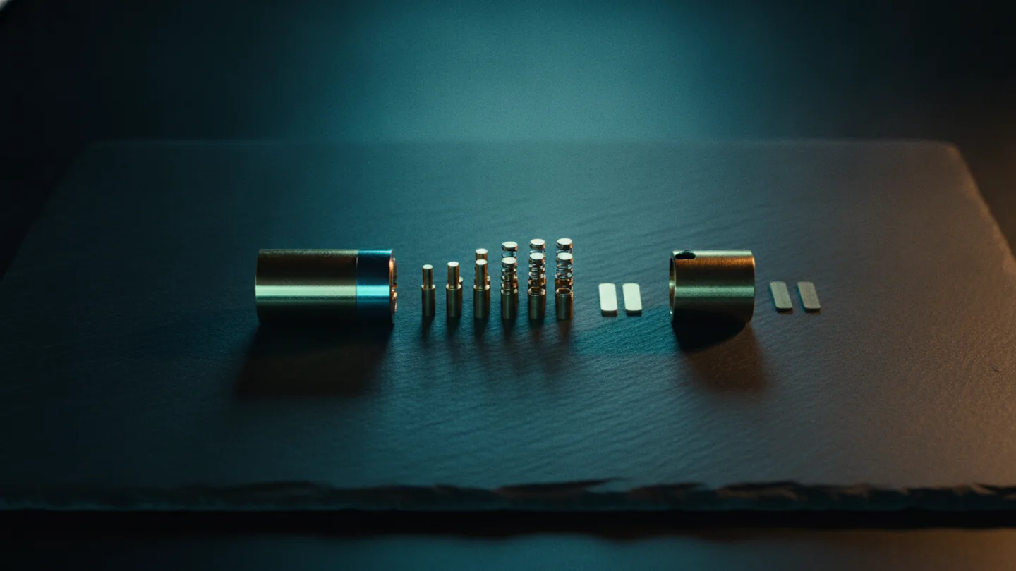 A pin tumbler lock cylinder disassembled into its pin stacks and springs, laid out in order on dark slate under a single cold cyan light