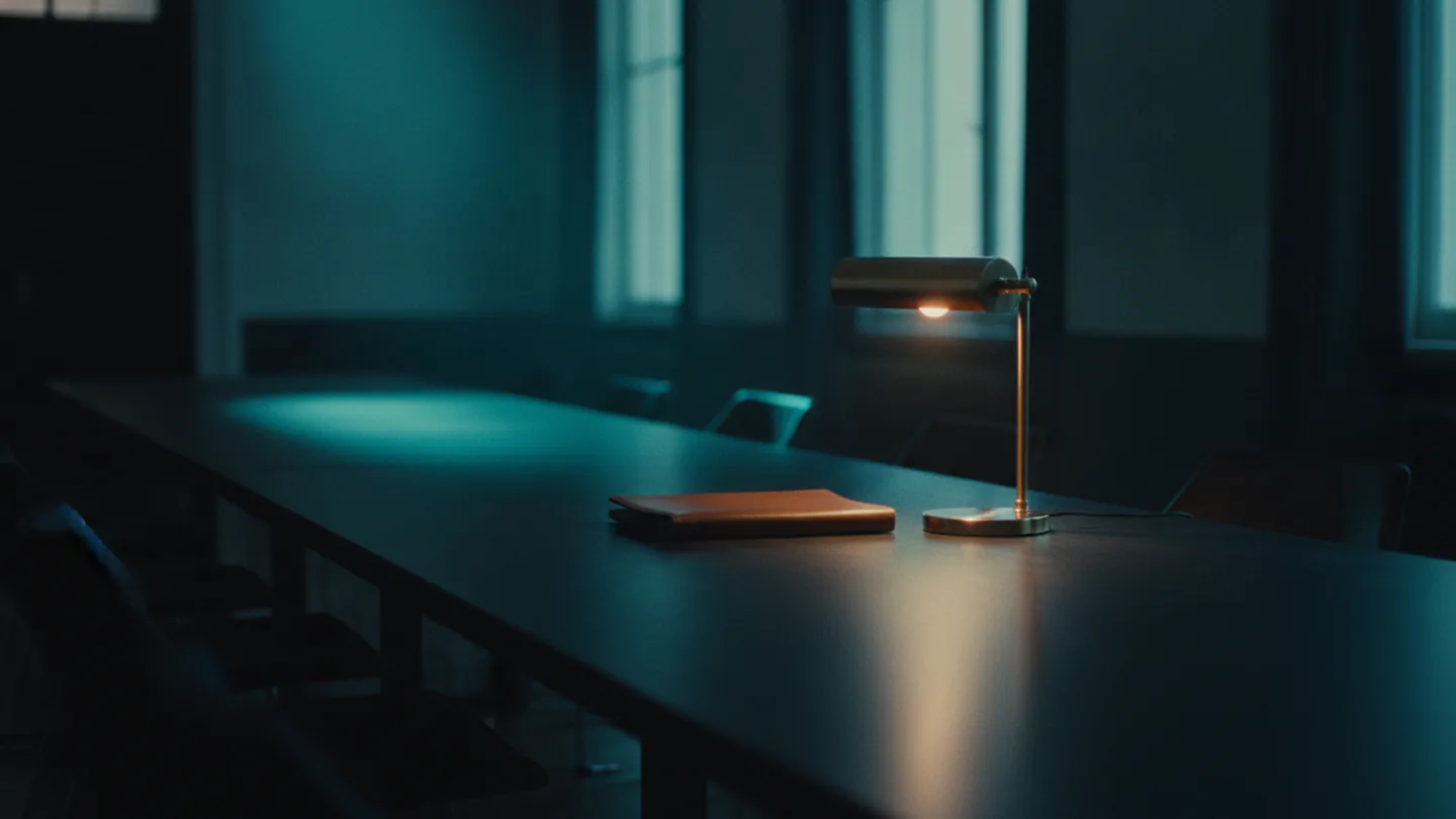 A long empty boardroom table with a closed leather folio and a single brass lamp, lit cold cyan on dark slate