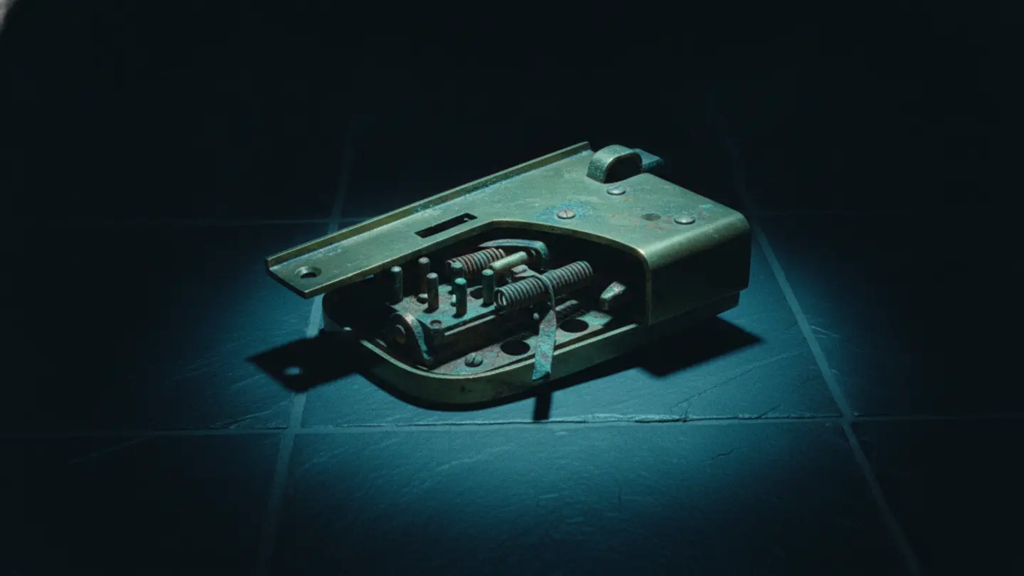 A heavy brass door lock with its faceplate pried open exposing corroded pins, lit cold cyan on dark slate