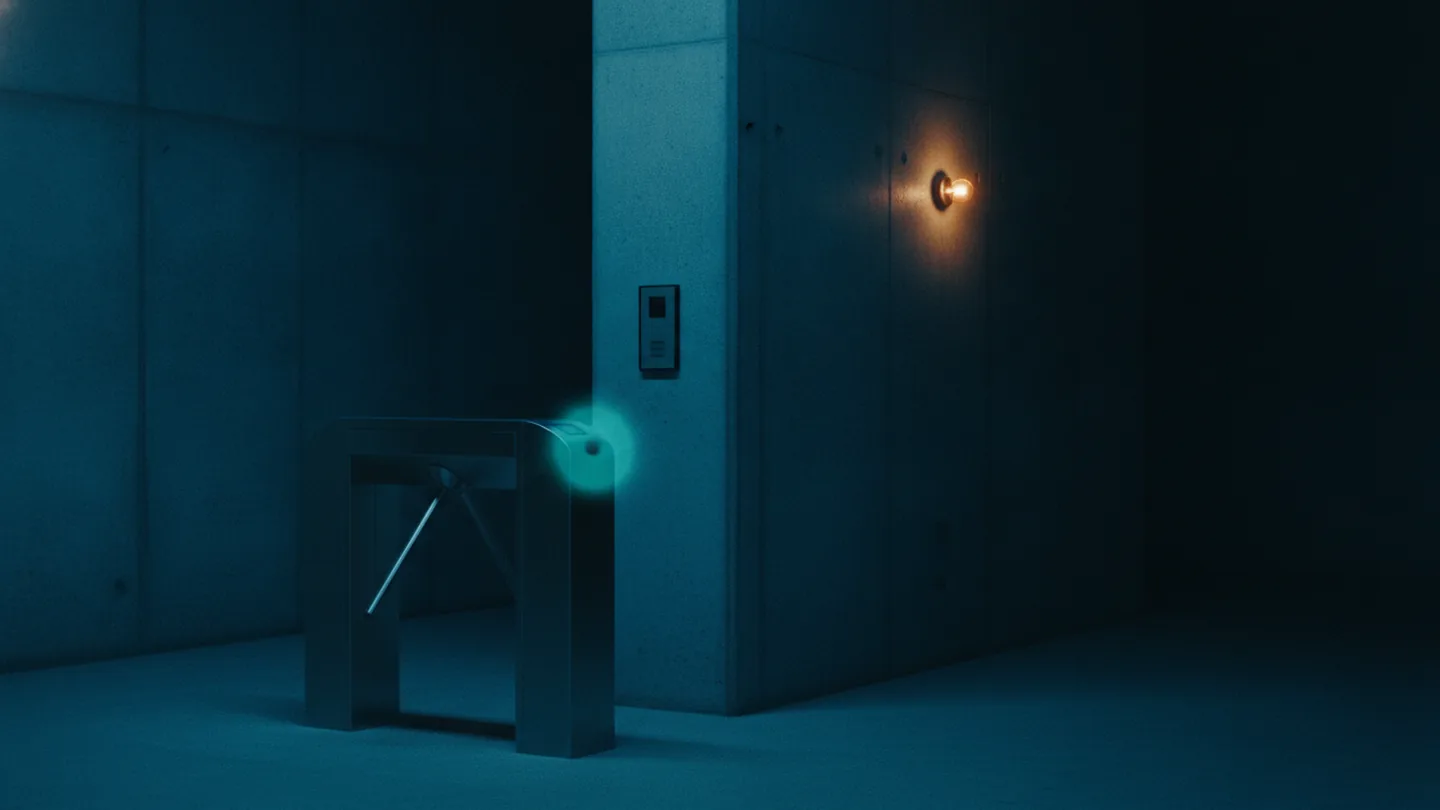 A steel turnstile beside an unattended door intercom in a dim concrete lobby lit cold blue with a cyan glow