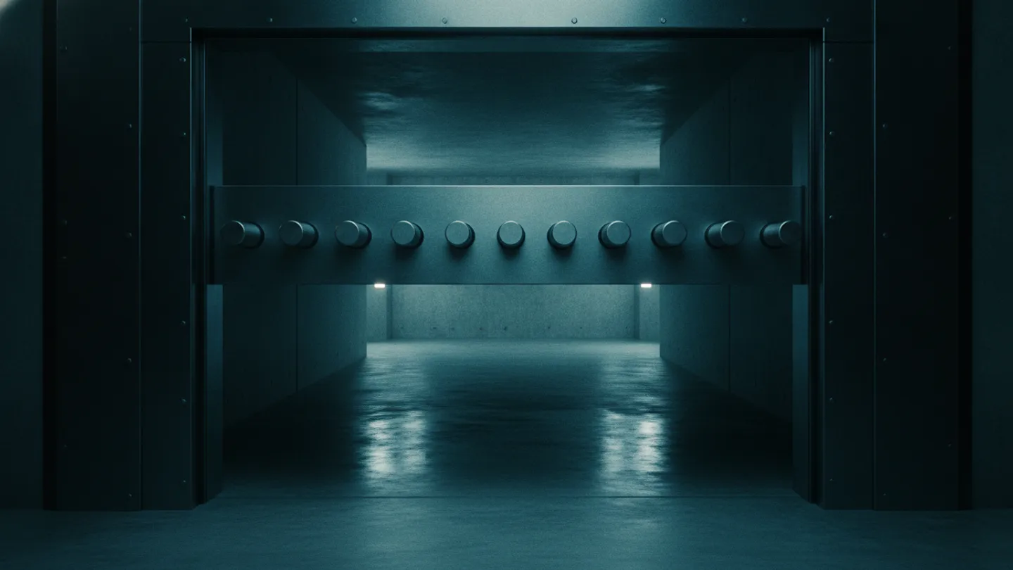 A steel vault door set with a row of eight deadbolts lit cold blue