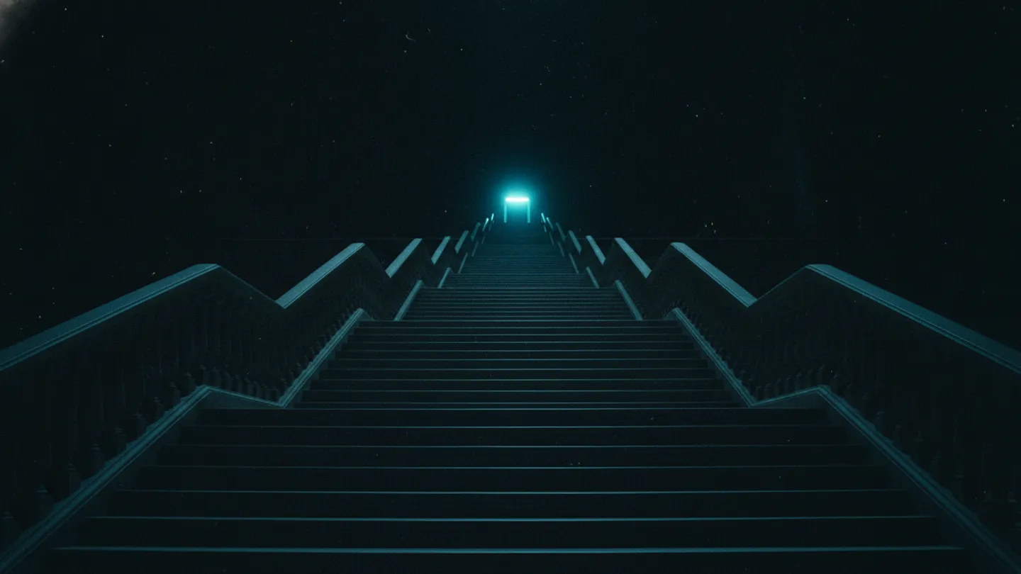 Stone staircase rising into darkness lit by a distant cold cyan glow