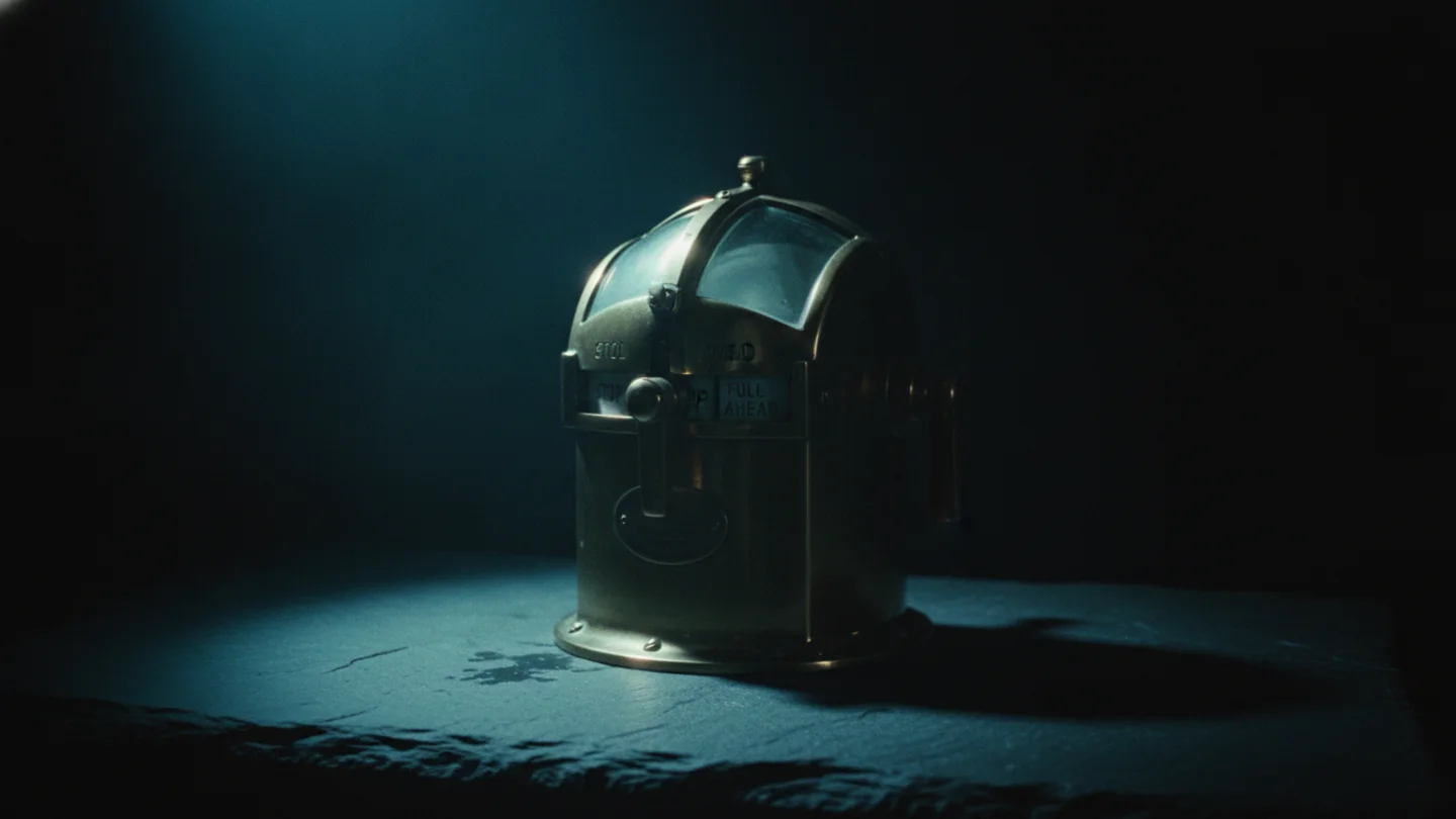 A brass ship's engine order telegraph with its handle set between speeds, lit cold cyan on dark slate