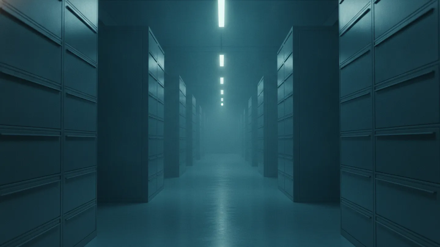 Long archive room of grey filing drawers receding under a cold cyan ceiling light