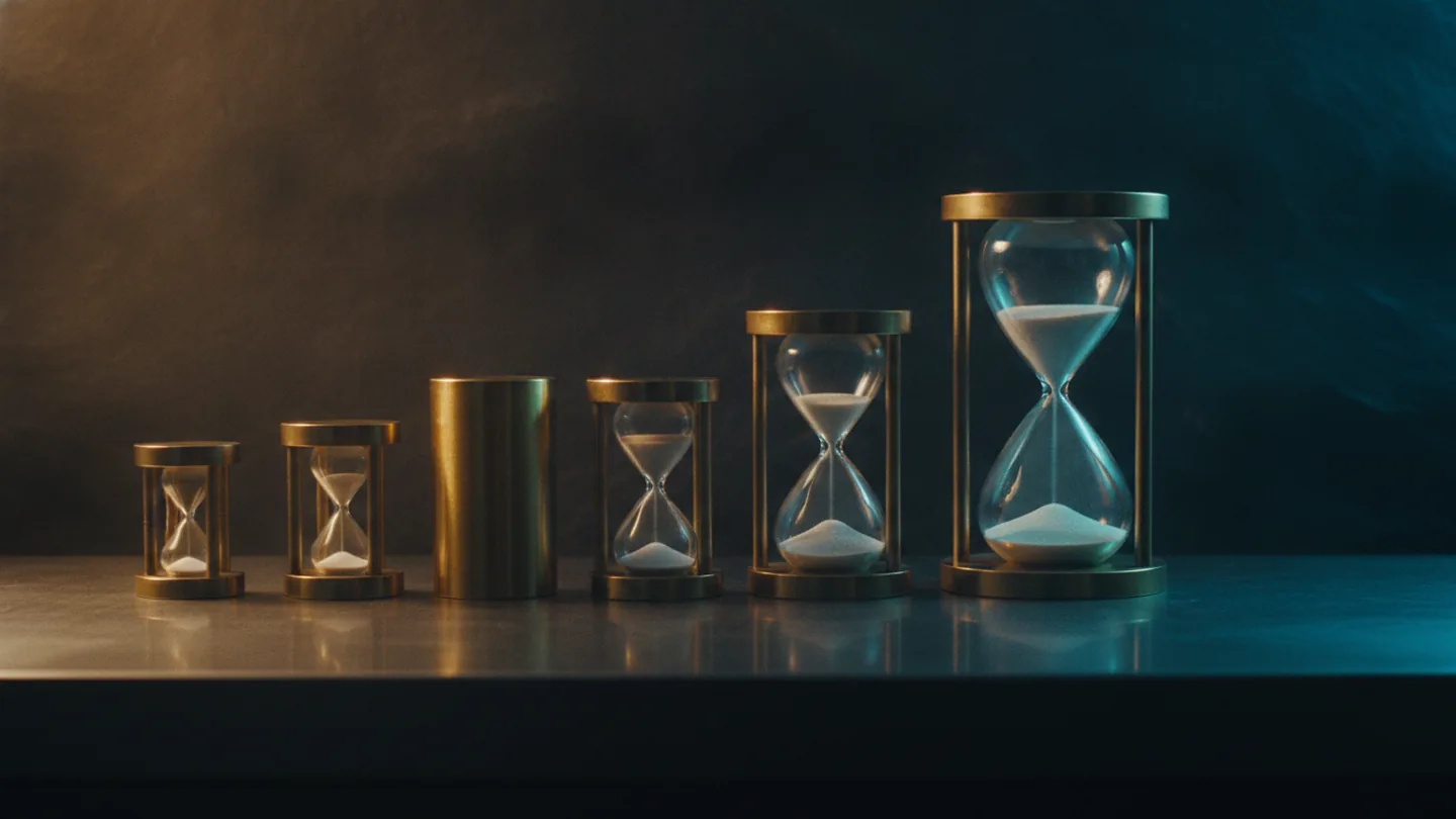 A row of brass sand timers of different sizes on a steel workbench, lit cold cyan against dark slate