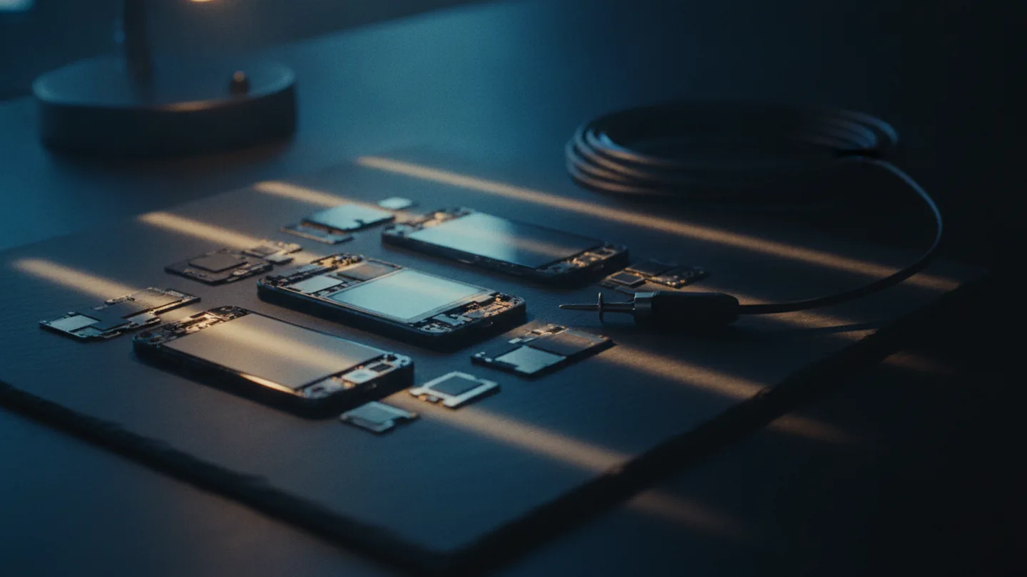 A dismantled smartphone on a workbench beside a probe clip and a coiled cable, lit cold blue on dark slate