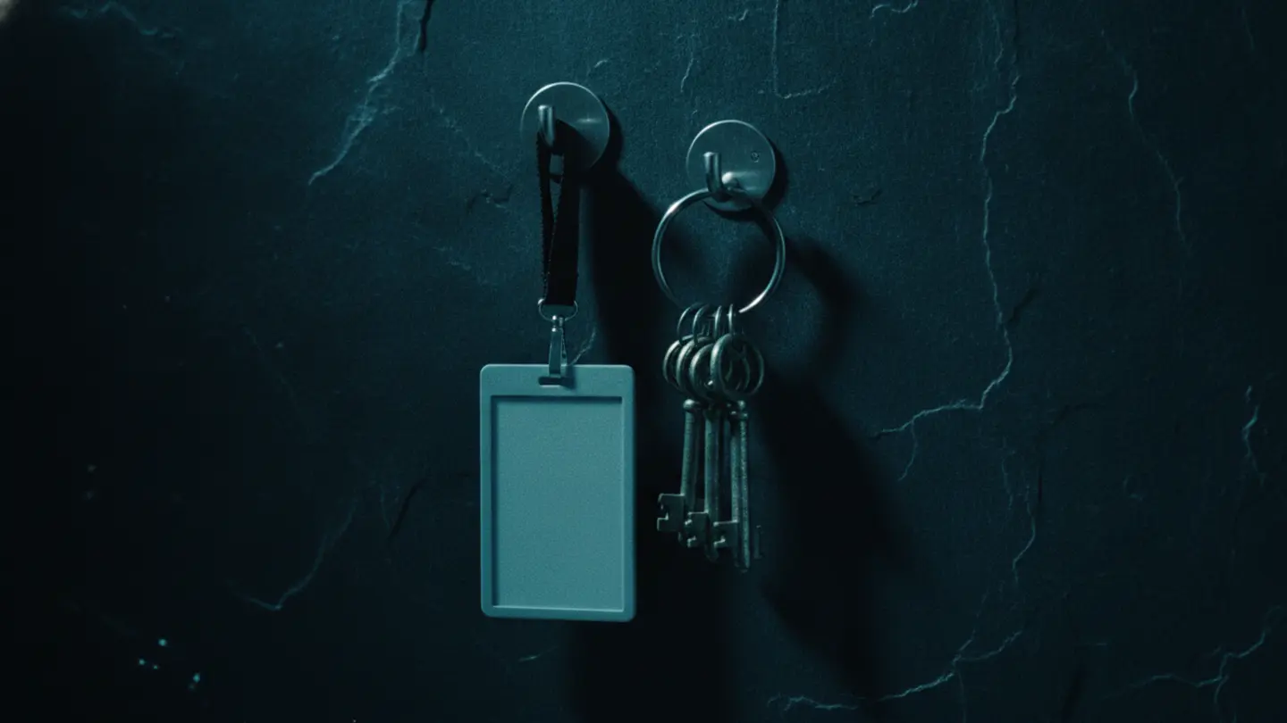 A staff ID badge on a lanyard left hanging on a wall hook beside a ring of brass keys, lit cold cyan on dark slate