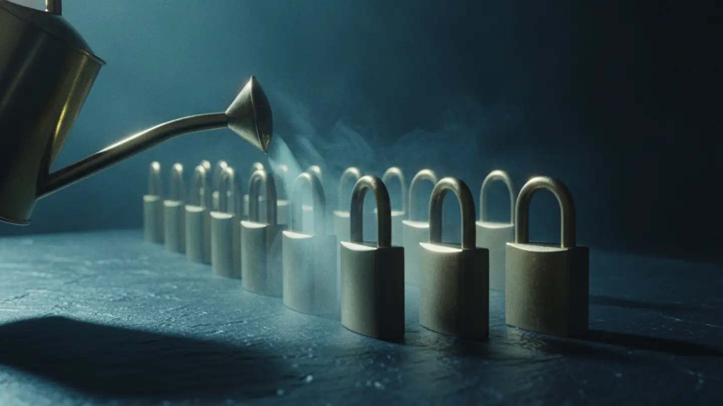 A single watering can misting a fine spray across a long row of identical brass padlocks on dark slate, lit in cold cyan.