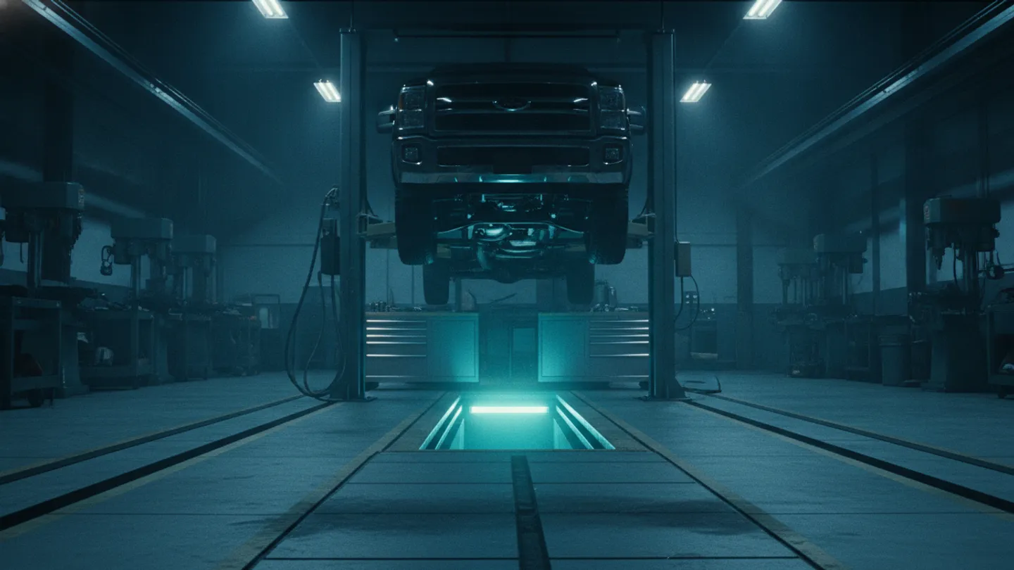 Service pit beneath a raised vehicle lit by cold cyan workshop light