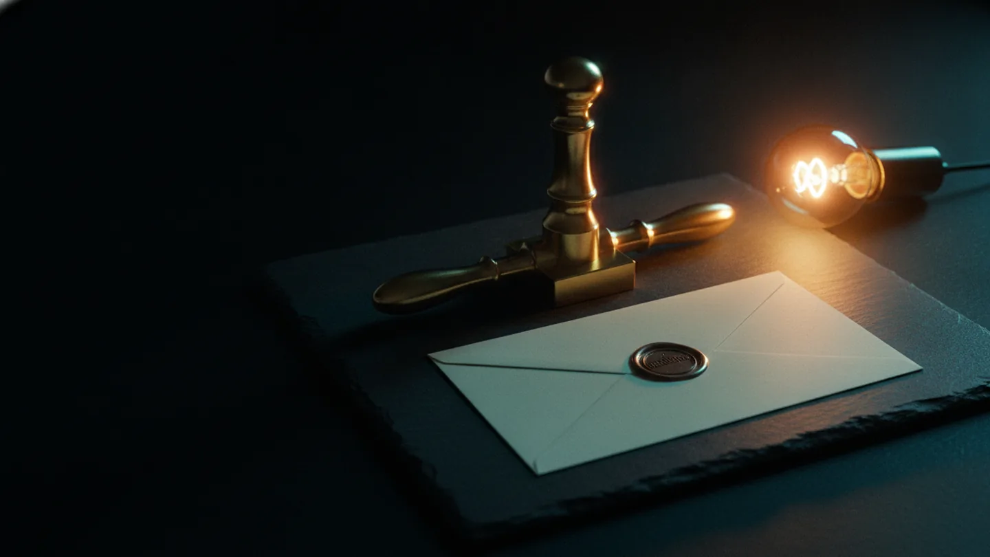 A sealed envelope resting on a clipped stack of unmarked pages on dark slate, lit cold with a cyan highlight