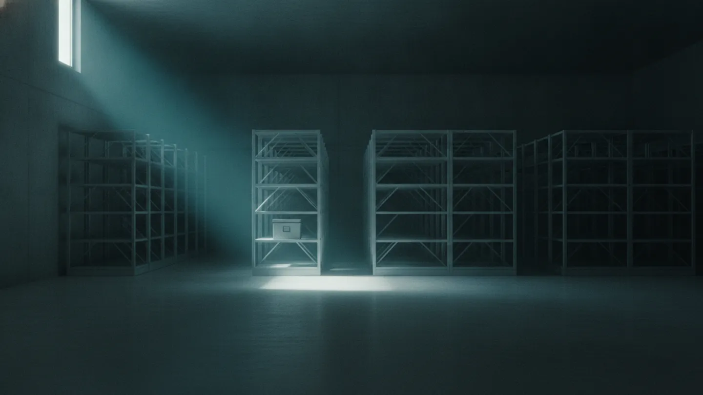 Empty concrete archive room with a single sealed box under cold window light