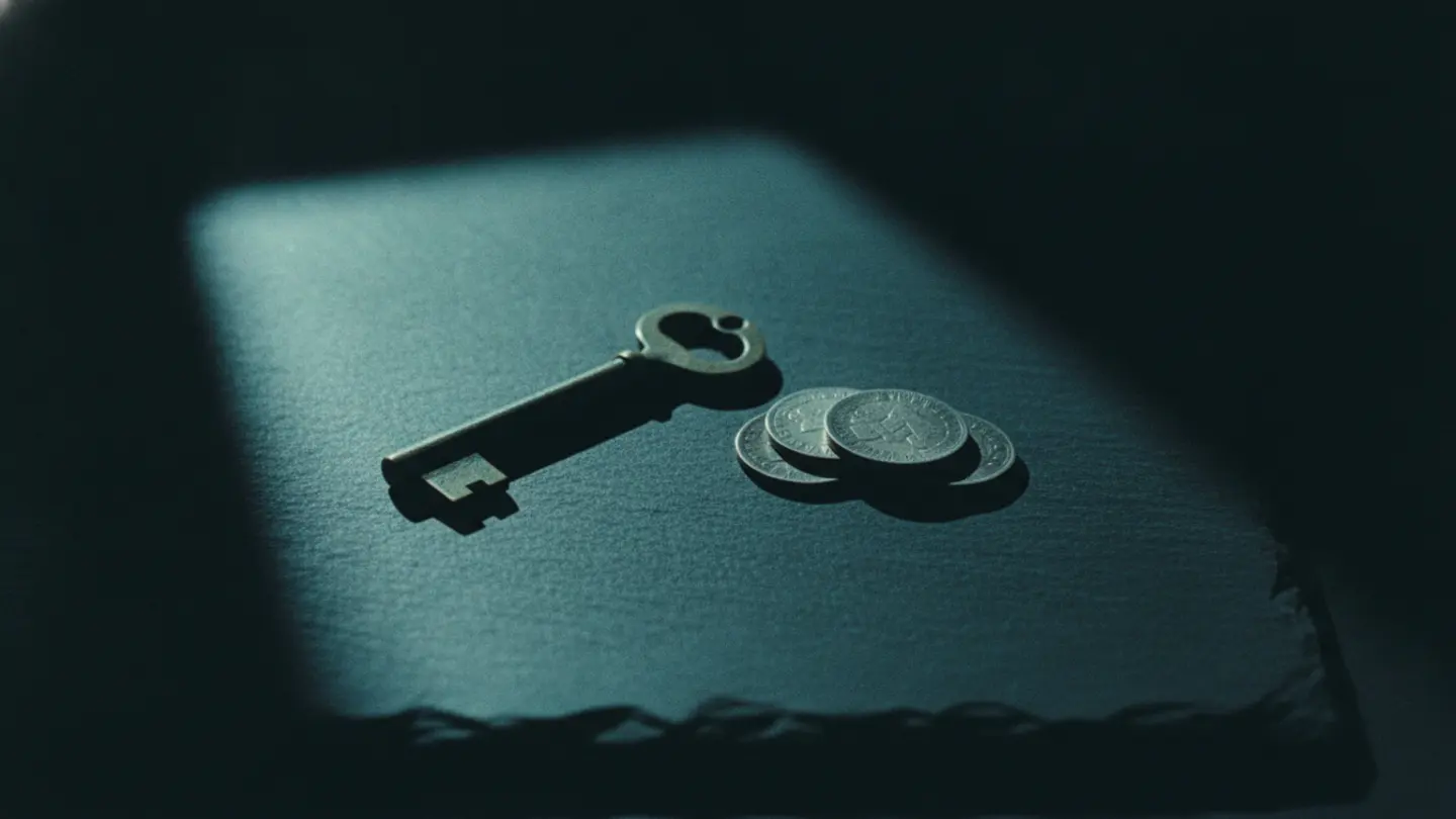 A single brass key beside a short stack of coins on dark slate, lit by cold cyan light