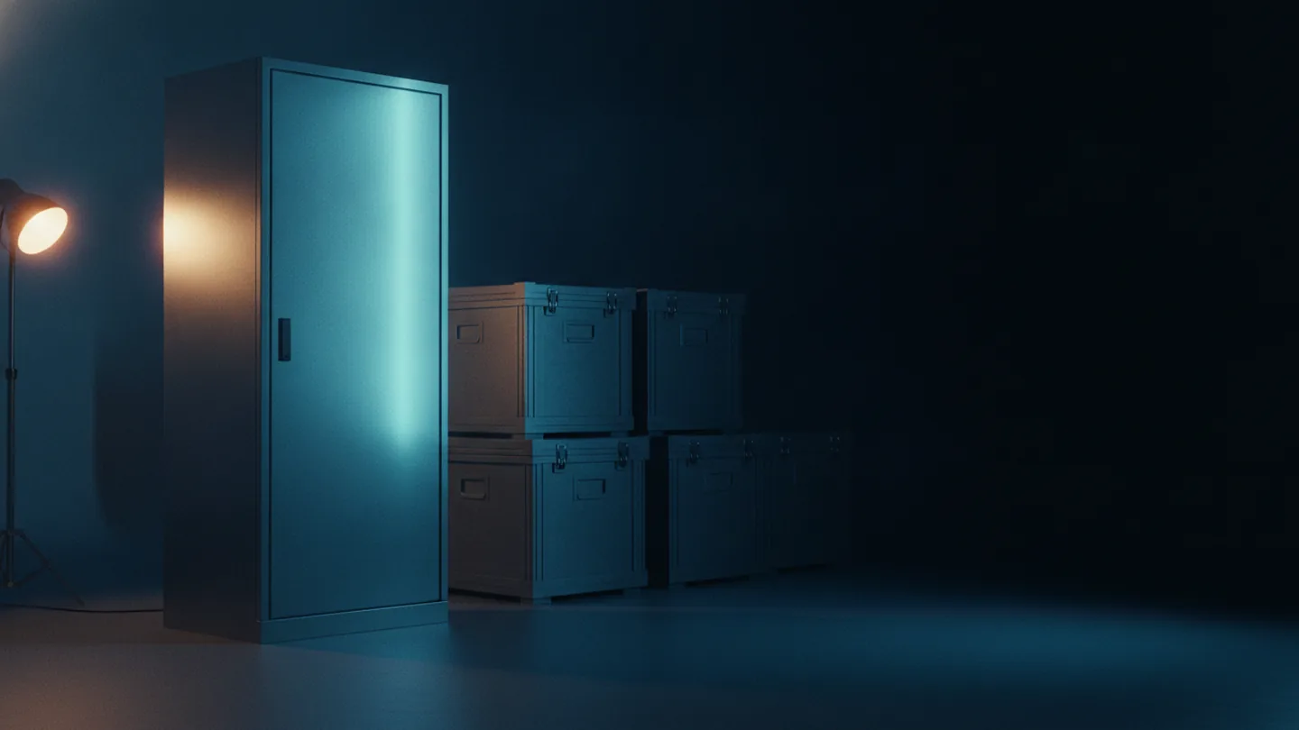 A stripped steel server rack beside sealed shipping crates in a cold blue lit machine room