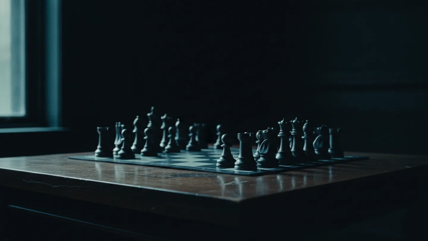 Chess board mid game on a dark table lit by cold side light