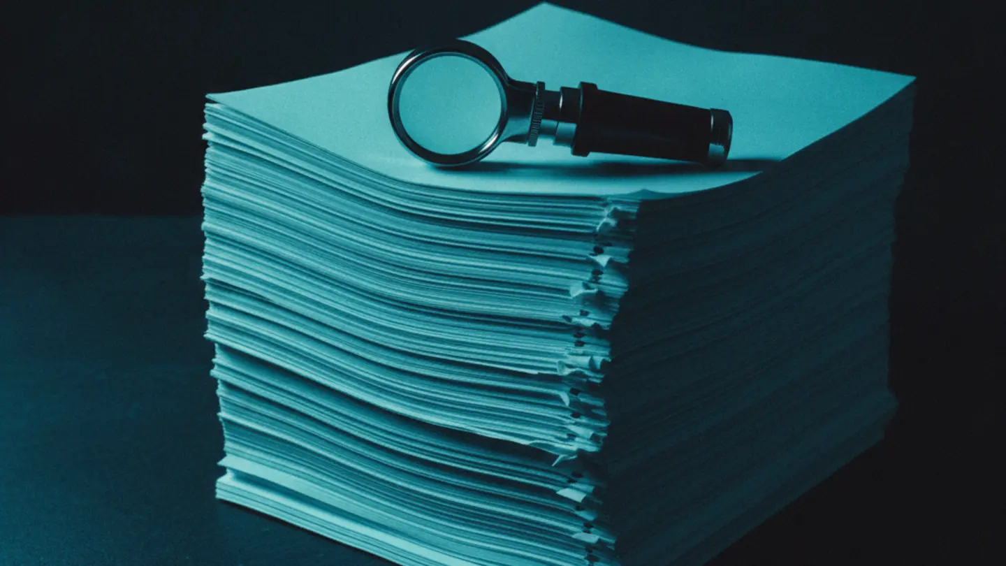 A jeweller's loupe resting on a tall stack of fan-fold printer paper, lit cold cyan on dark slate