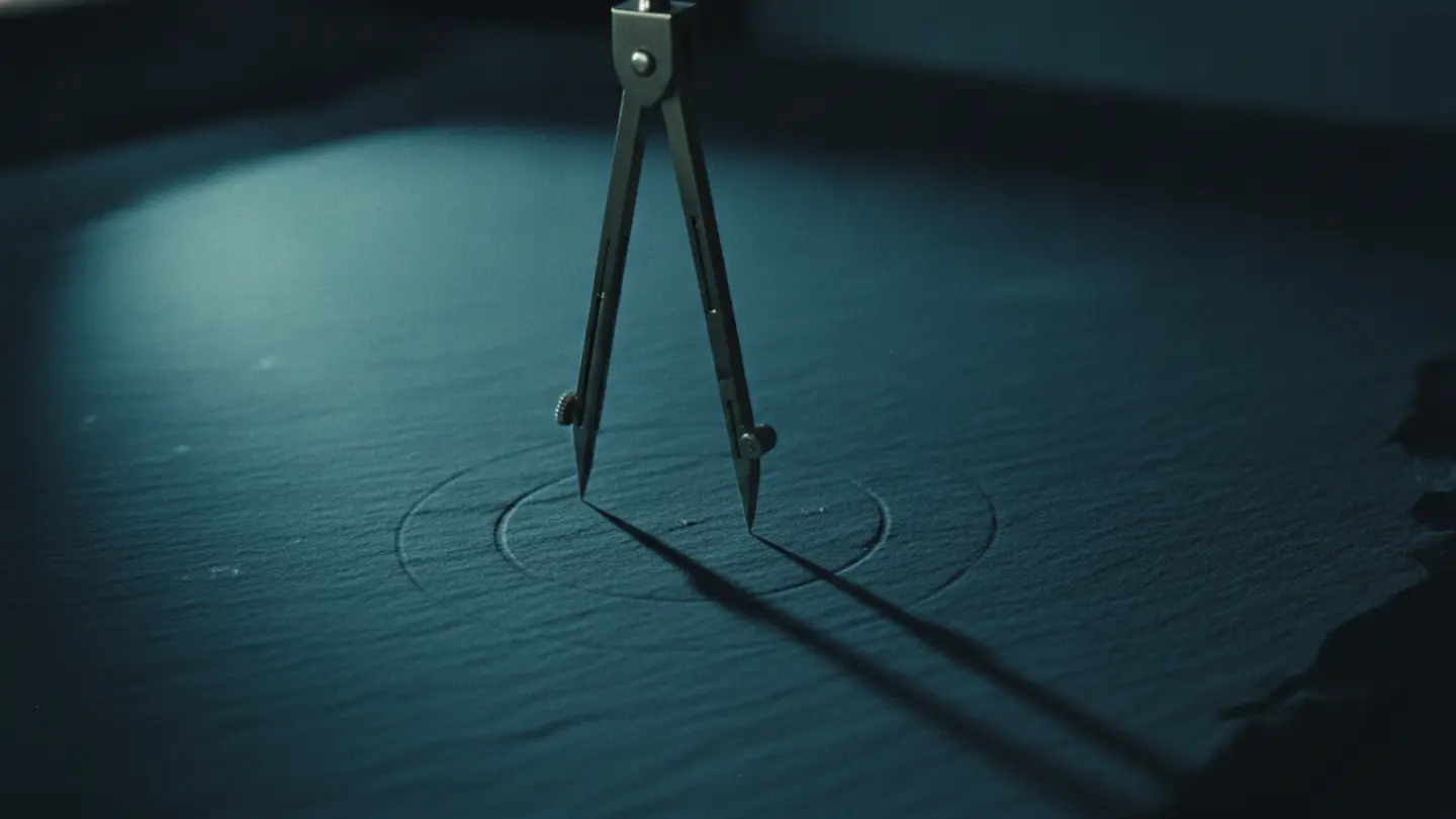 Brass drafting compass scribing a circle on dark slate under cold cyan light