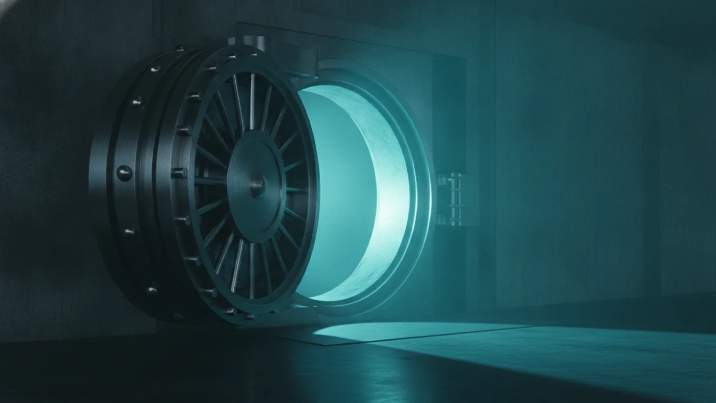 Open brushed steel bank vault door with cold cyan light glowing inside