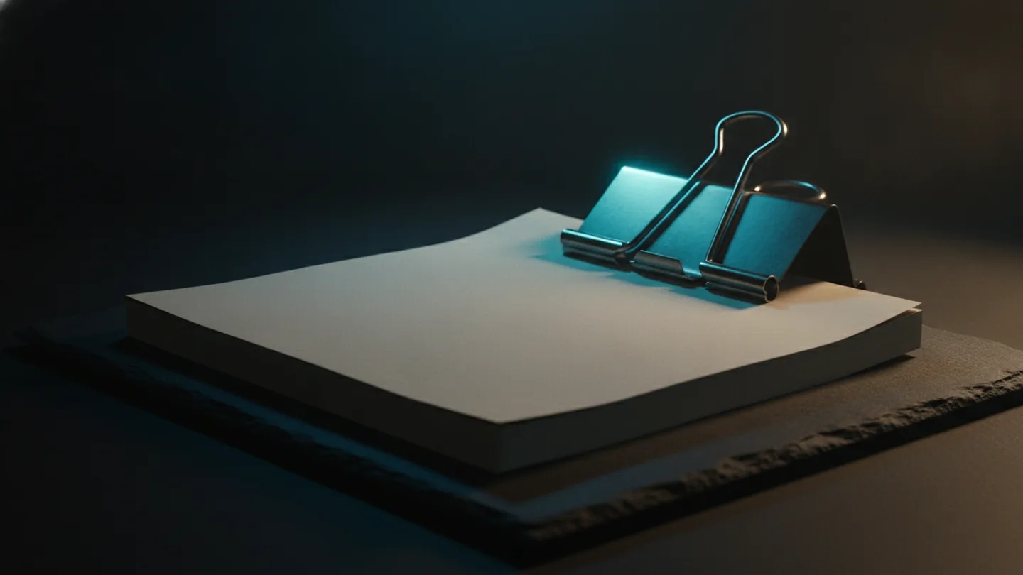 A thick sheaf of bound paper clamped under a heavy steel binder clip on dark slate, lit cold with a cyan edge