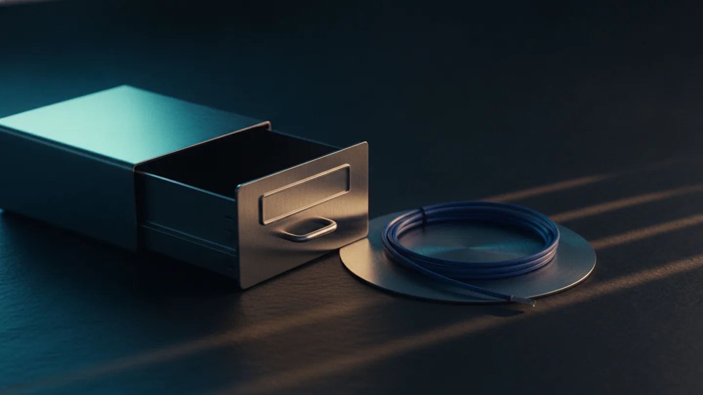 An open card index drawer beside a coiled fibre patch lead on brushed steel, lit cold blue on dark slate