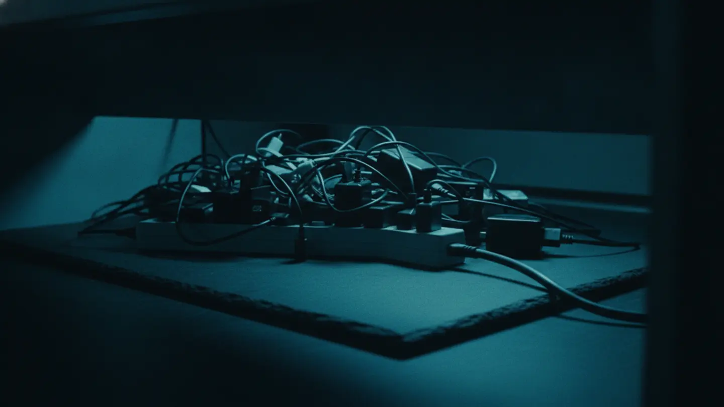 A crowded power strip with unlabelled plugs and one cable trailing off into darkness, lit cold cyan on dark slate
