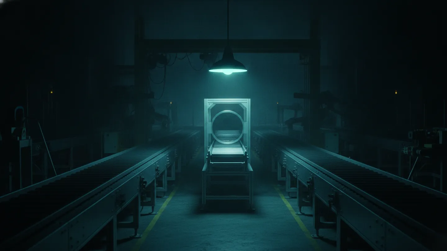 Dark factory assembly line with one station lit by a cyan inspection lamp