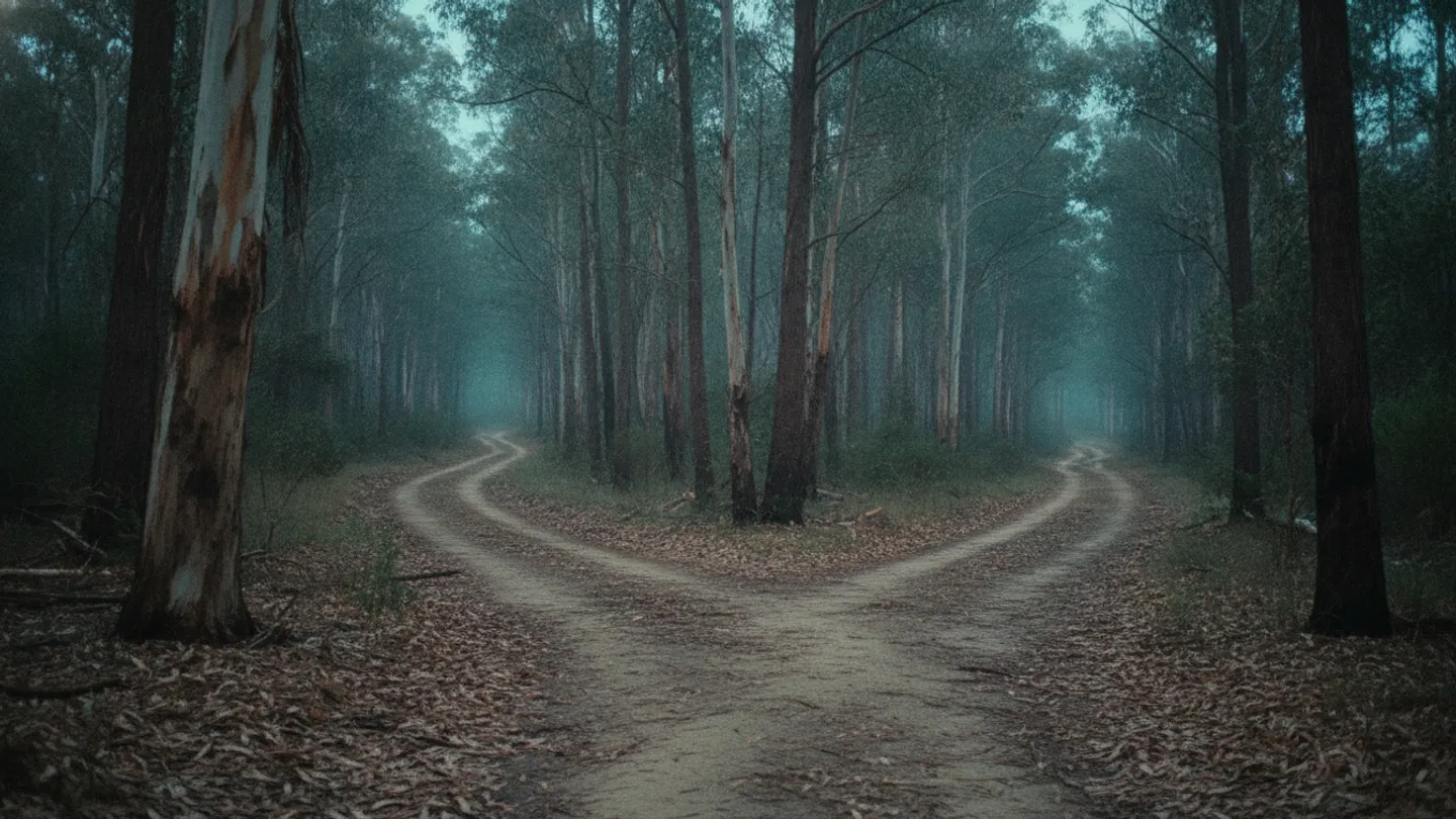 Two footpaths diverging through eucalypt bushland at dusk under cold cyan light