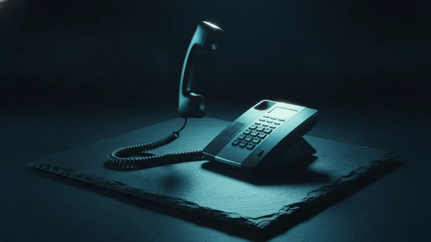An office desk telephone with the handset lifted off the cradle, lit cold cyan on dark slate