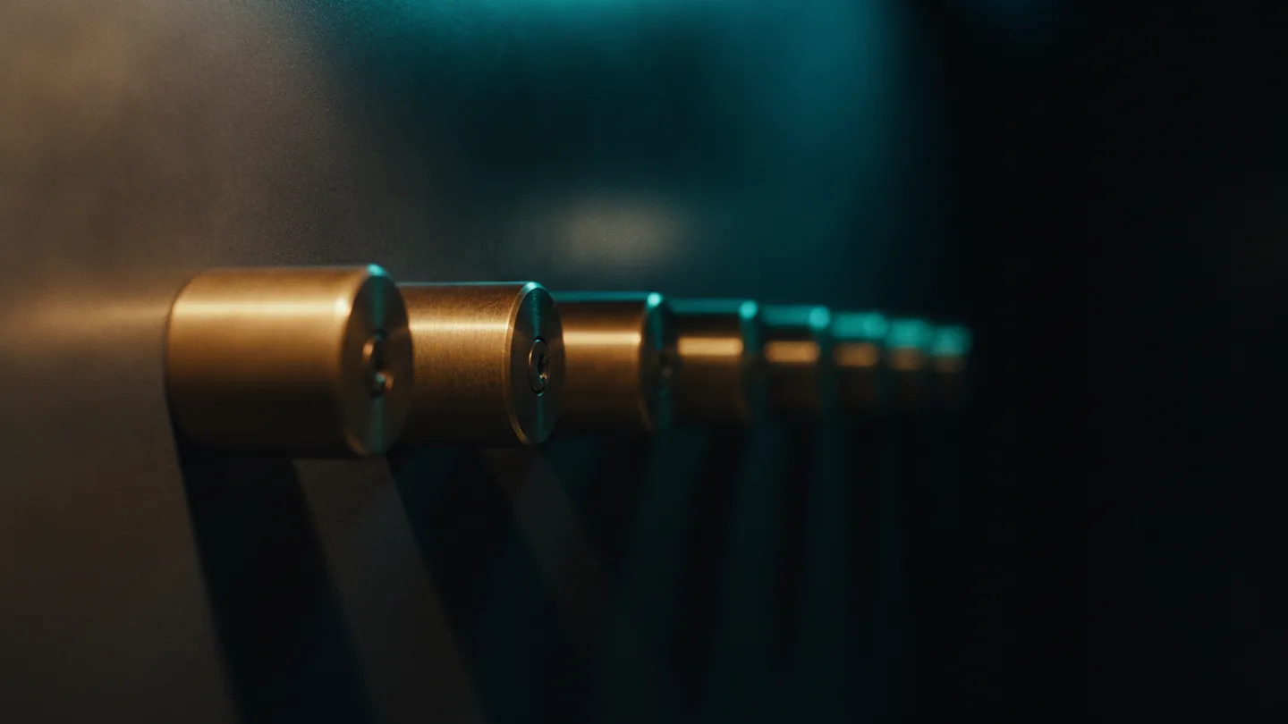 A row of heavy brass lock cylinders set into a dark slate panel, machined edges catching a cold cyan highlight