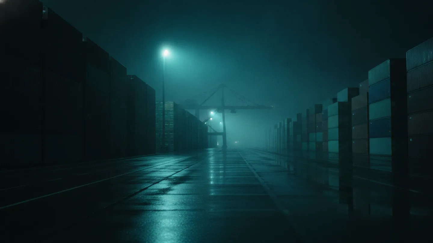 Stacked shipping containers receding into fog under a cold cyan floodlight at night