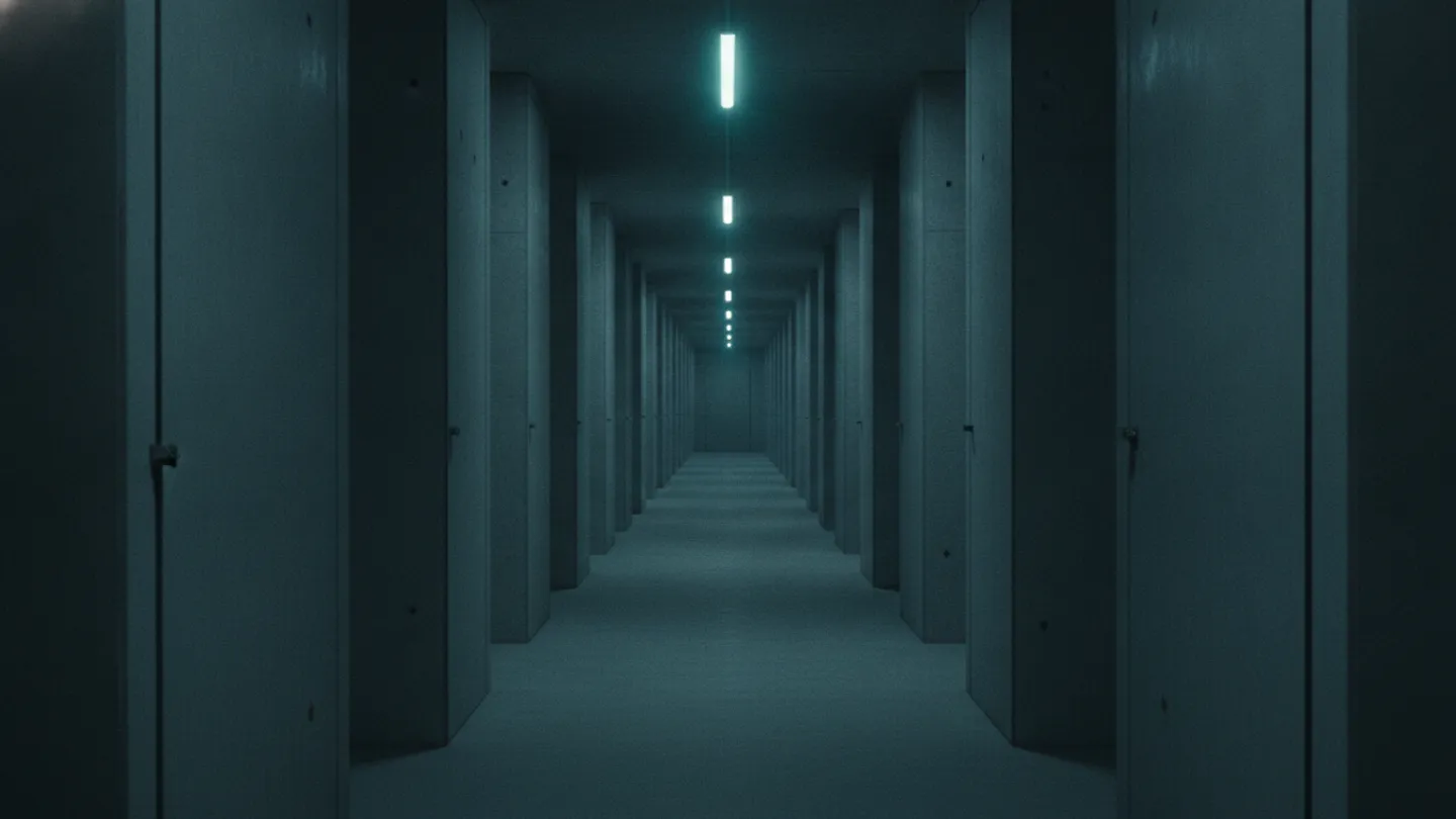 Sealed concrete storage bays divided by thick walls receding down a dim hall