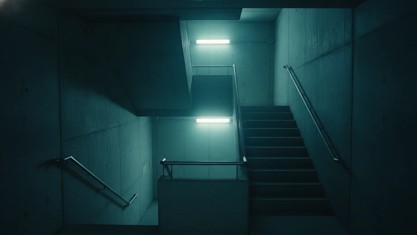 Empty concrete fire stairwell at night lit by a cold cyan emergency glow